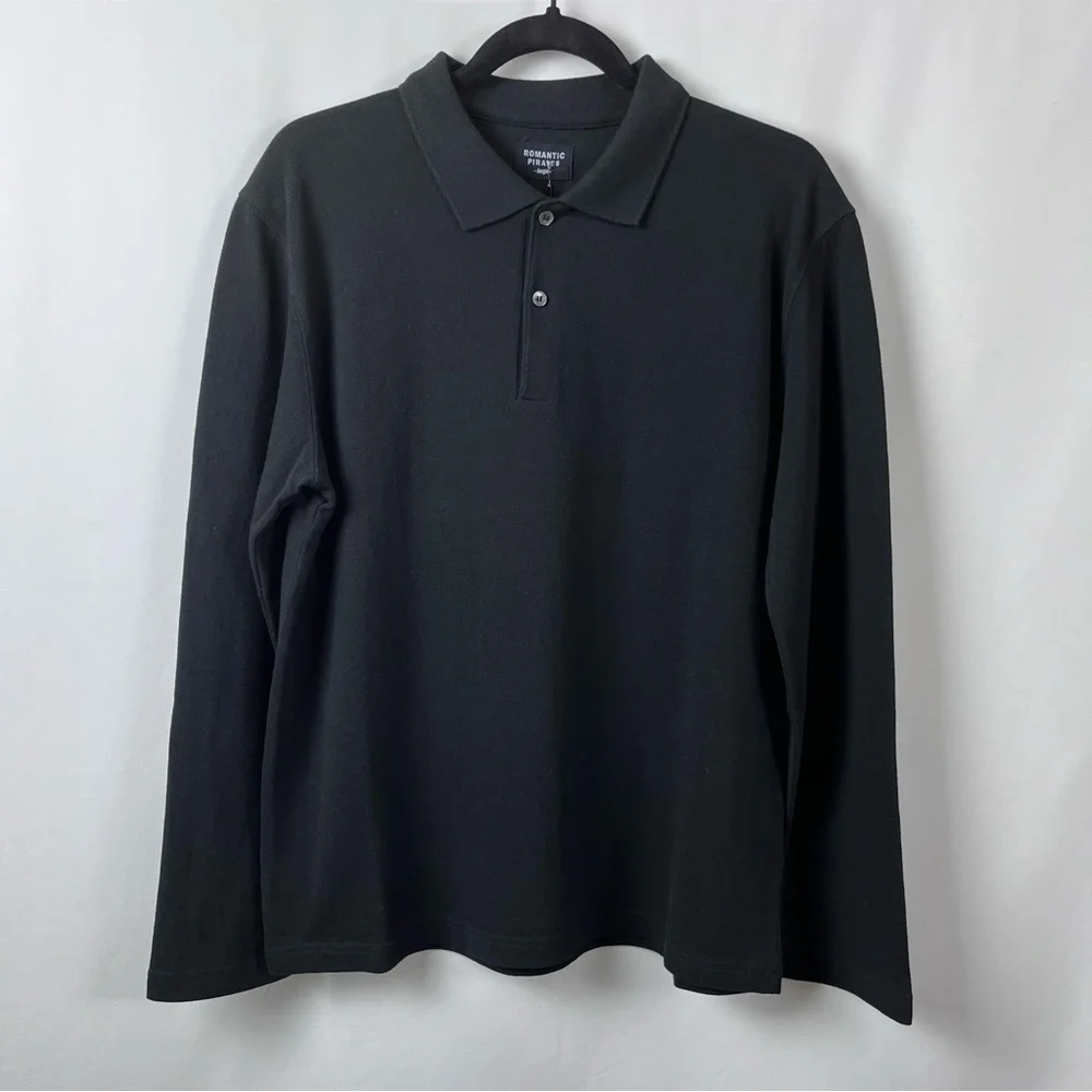 Men’s long sleeves polo style shirt. Cotton Black. Korean brand Romantic Pirates - Picture 3 of 8